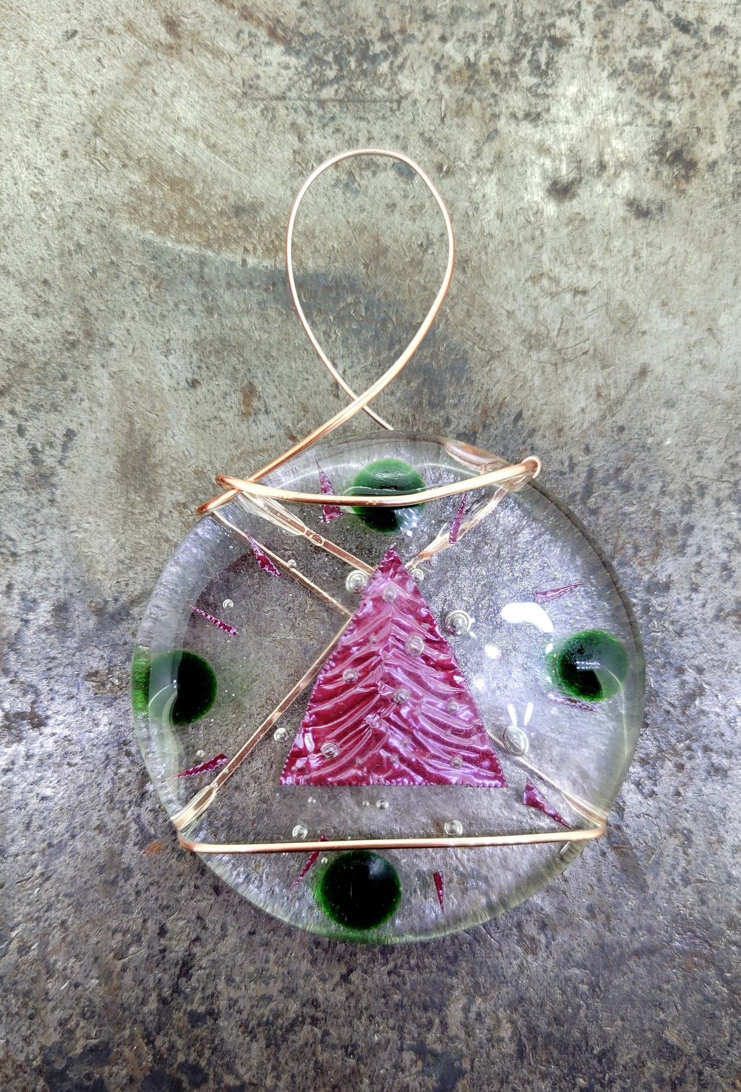 Fused Glass Tree Ornament Wrapped with Wire