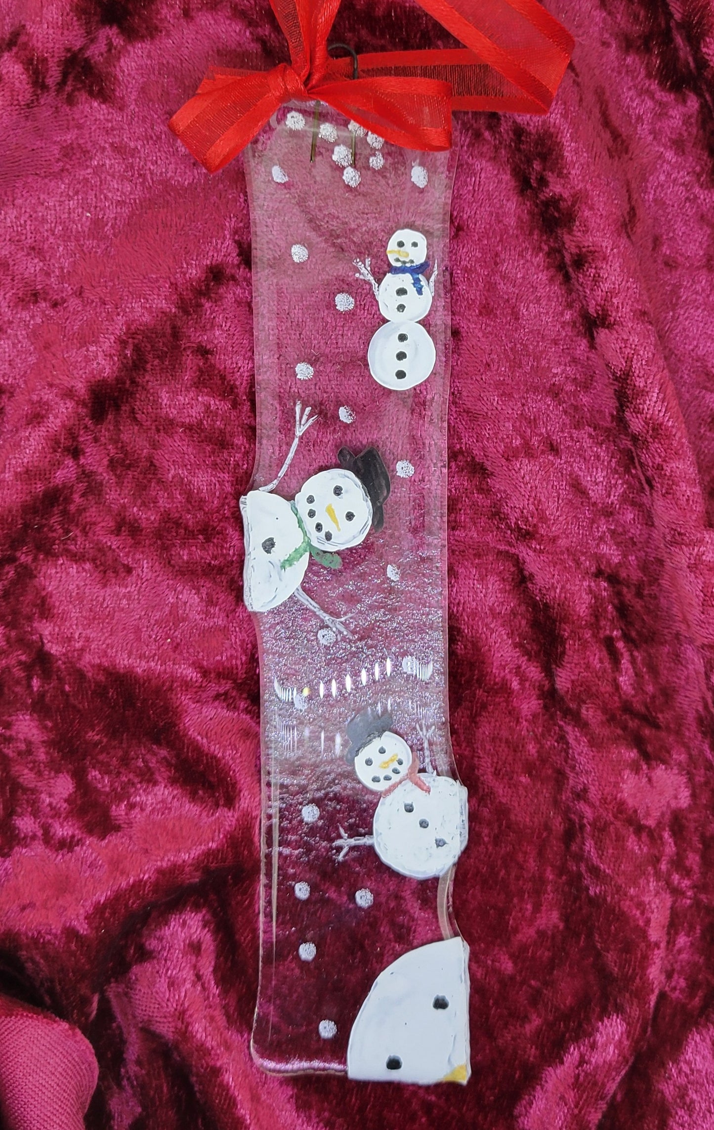 Fused Glass Snowman Long Ornament