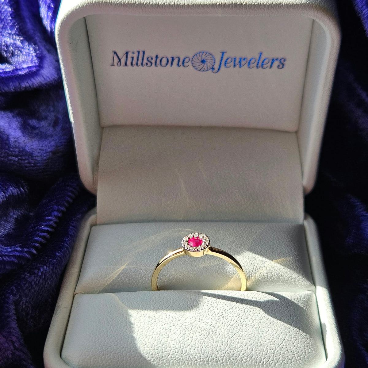 Petite Ruby and Diamond Halo Ring