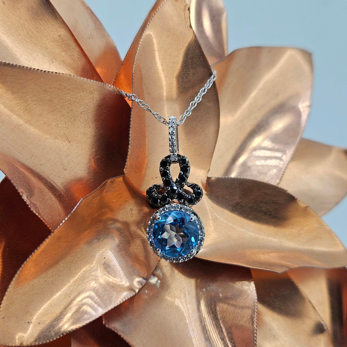 Blue Topaz & Black Diamond Halo Pendant *Pendant Only*