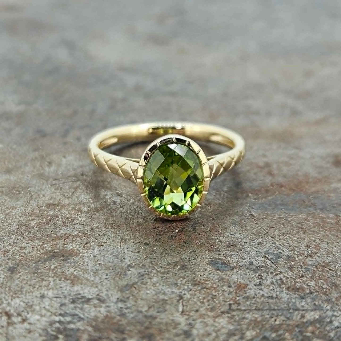 14k Checkerboard Cut Oval Peridot Ring