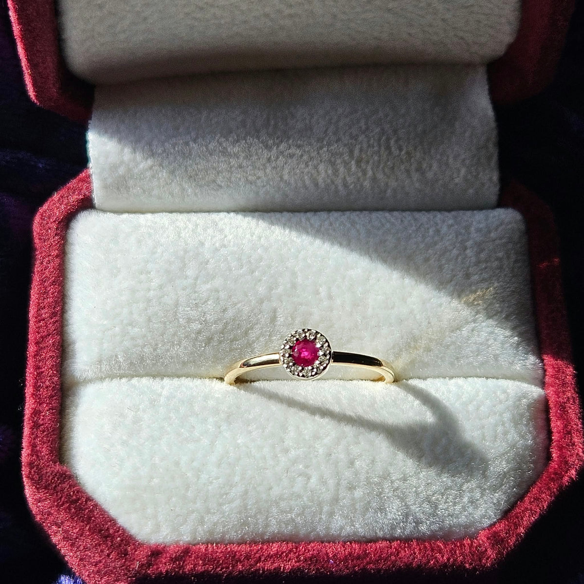 Petite Ruby and Diamond Halo Ring