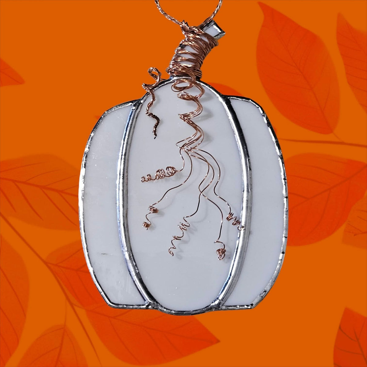 Handmade White Stained Glass Pumpkin with Copper
