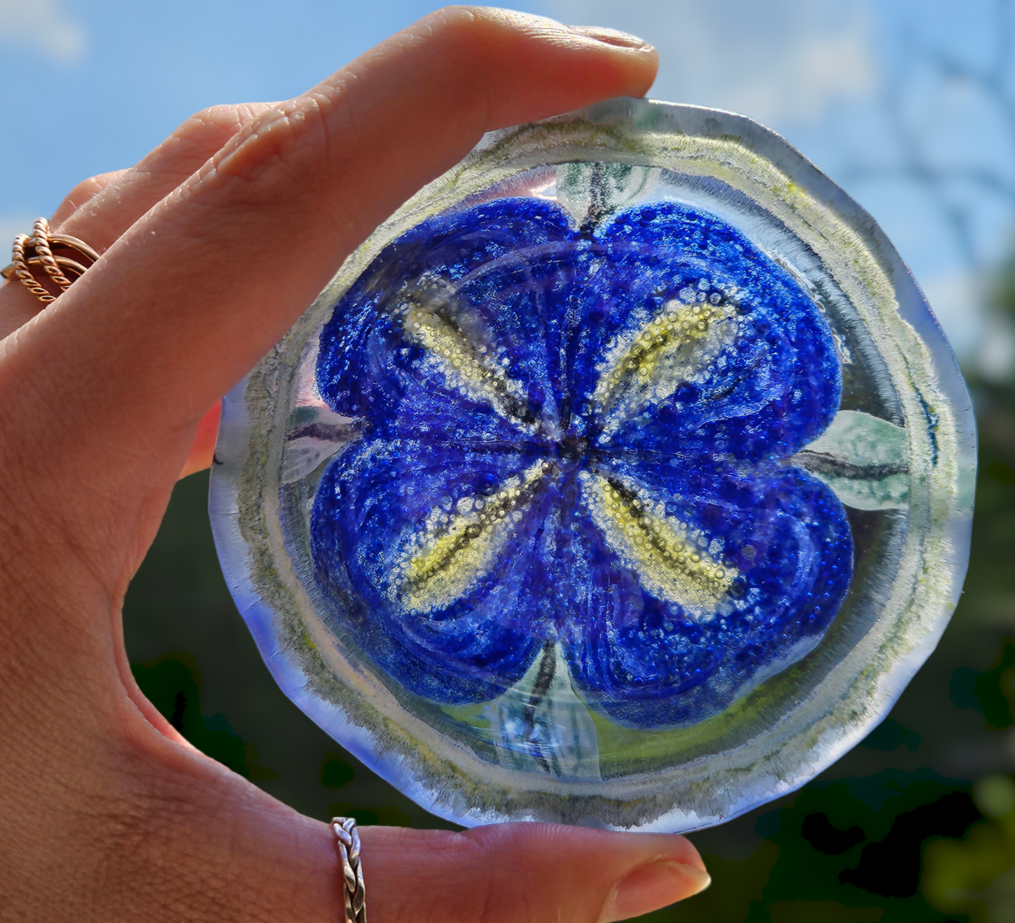 Hand Painted Blue Flower Fused Glass Dish