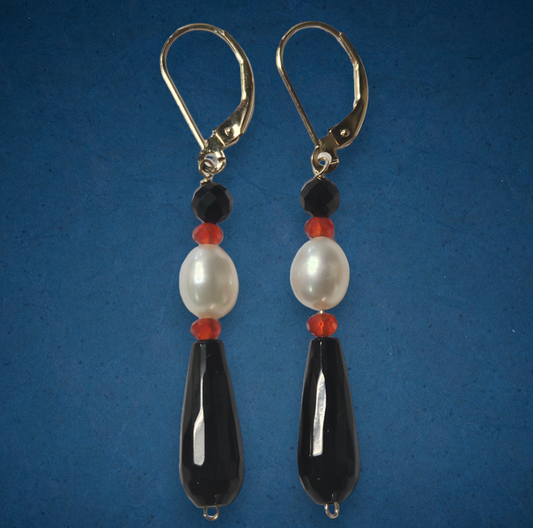14k Rondelle Orange Carnelian, Black Onyx, and Pearl Earrings