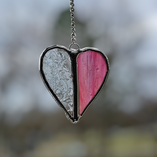 Small Pink/Clear Stained Glass Heart Suncatcher