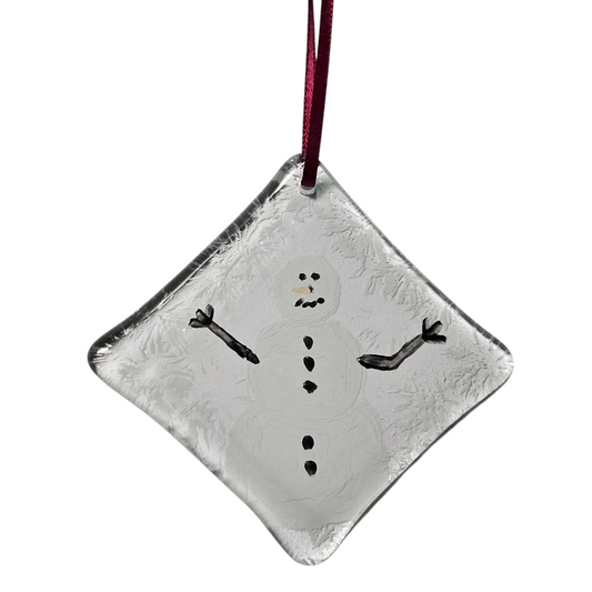 Hand Painted Fused Glass Snowman Ornament