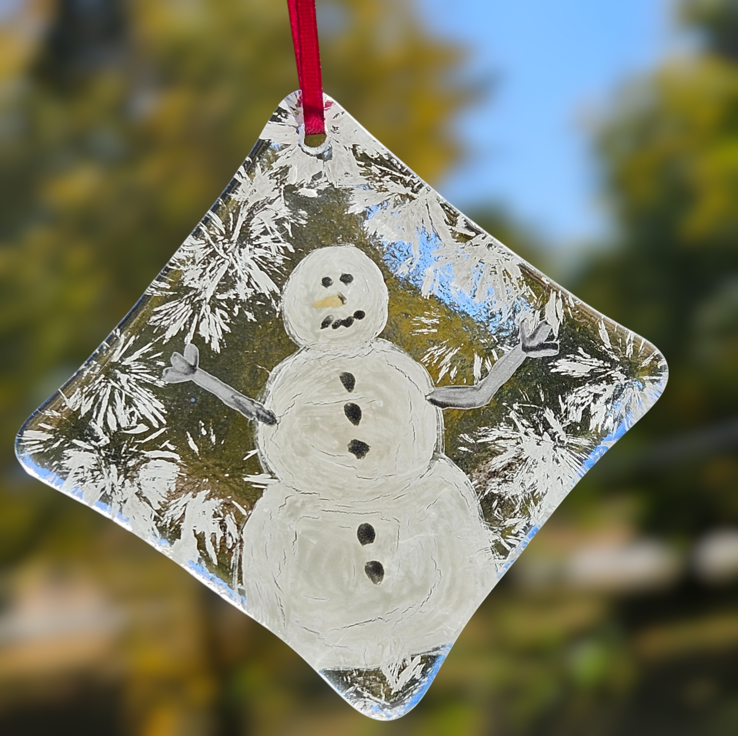 Hand Painted Fused Glass Snowman Ornament