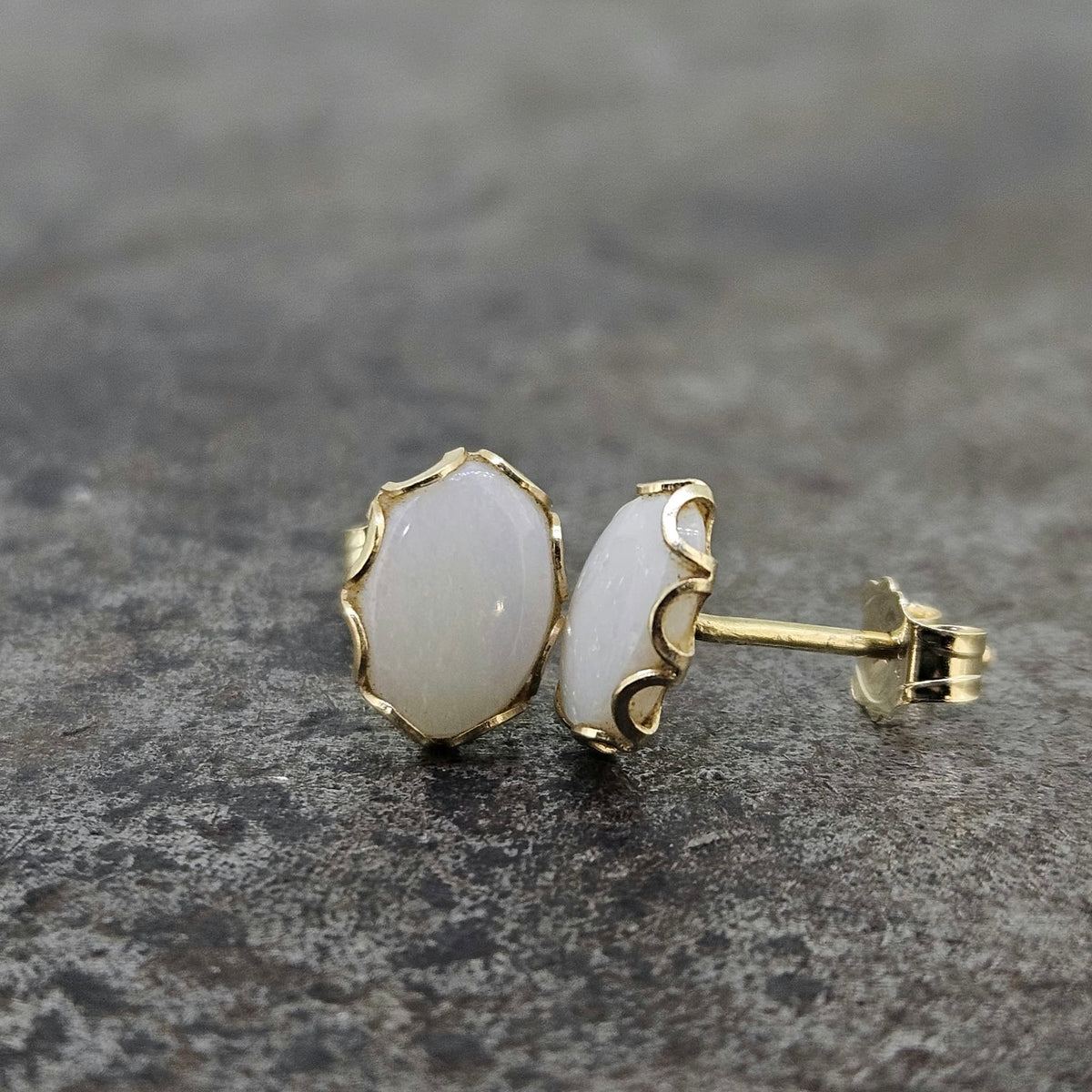 14k Yellow Gold Natural Opal Stud Earrings (7.5x5.5)