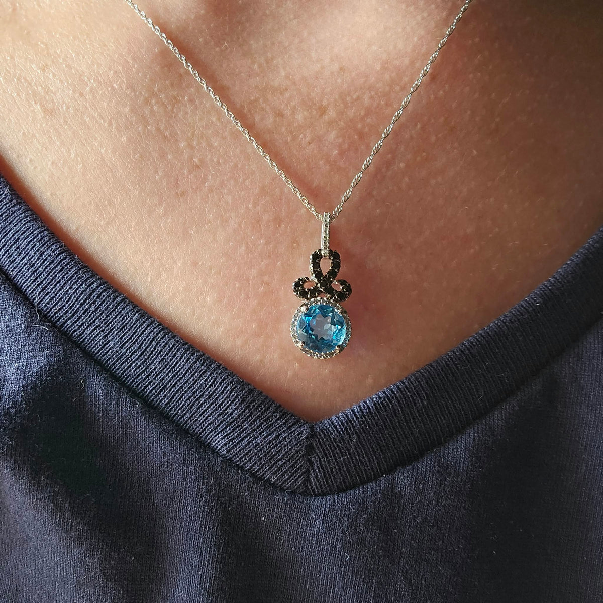 Blue Topaz & Black Diamond Halo Pendant *Pendant Only*