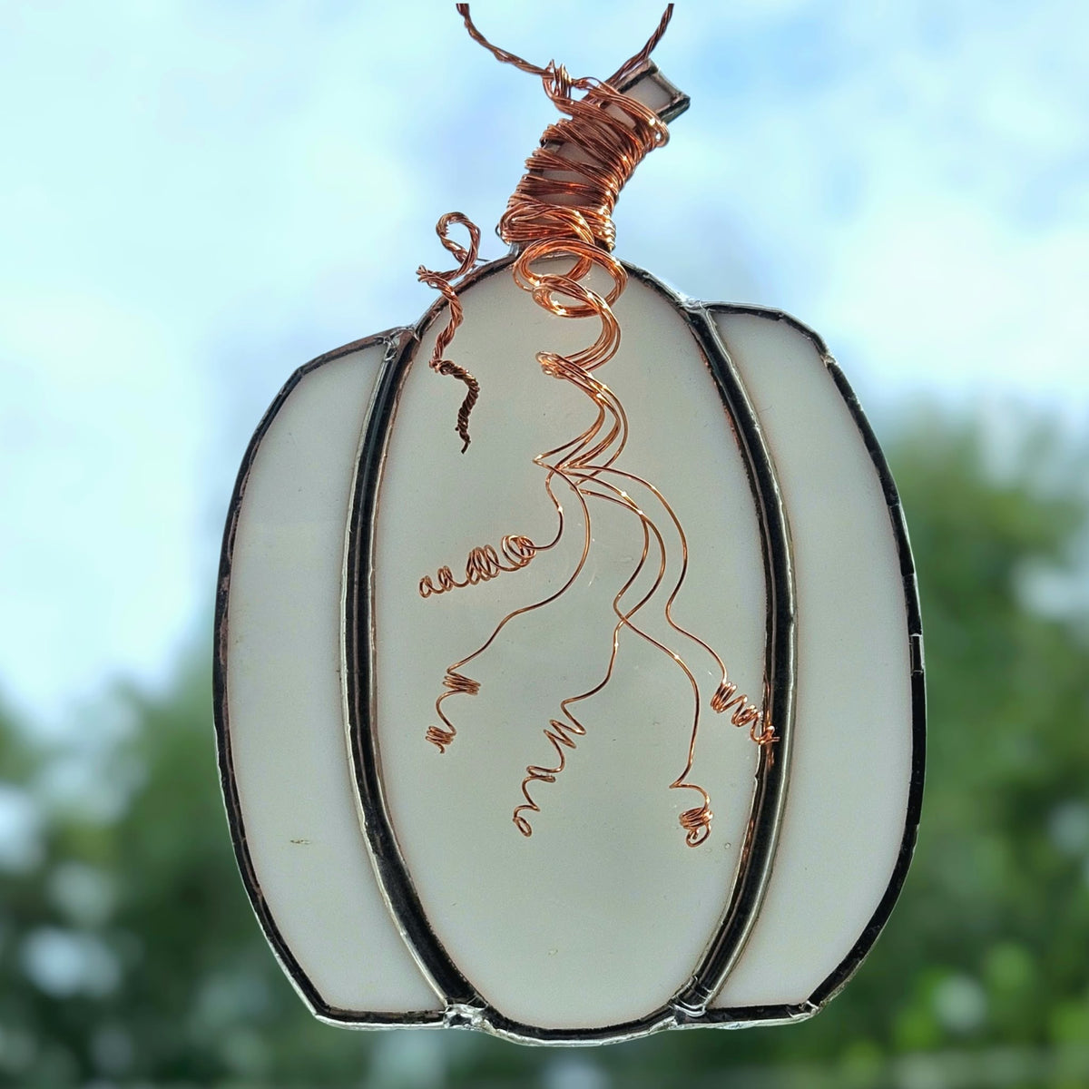 Handmade White Stained Glass Pumpkin with Copper