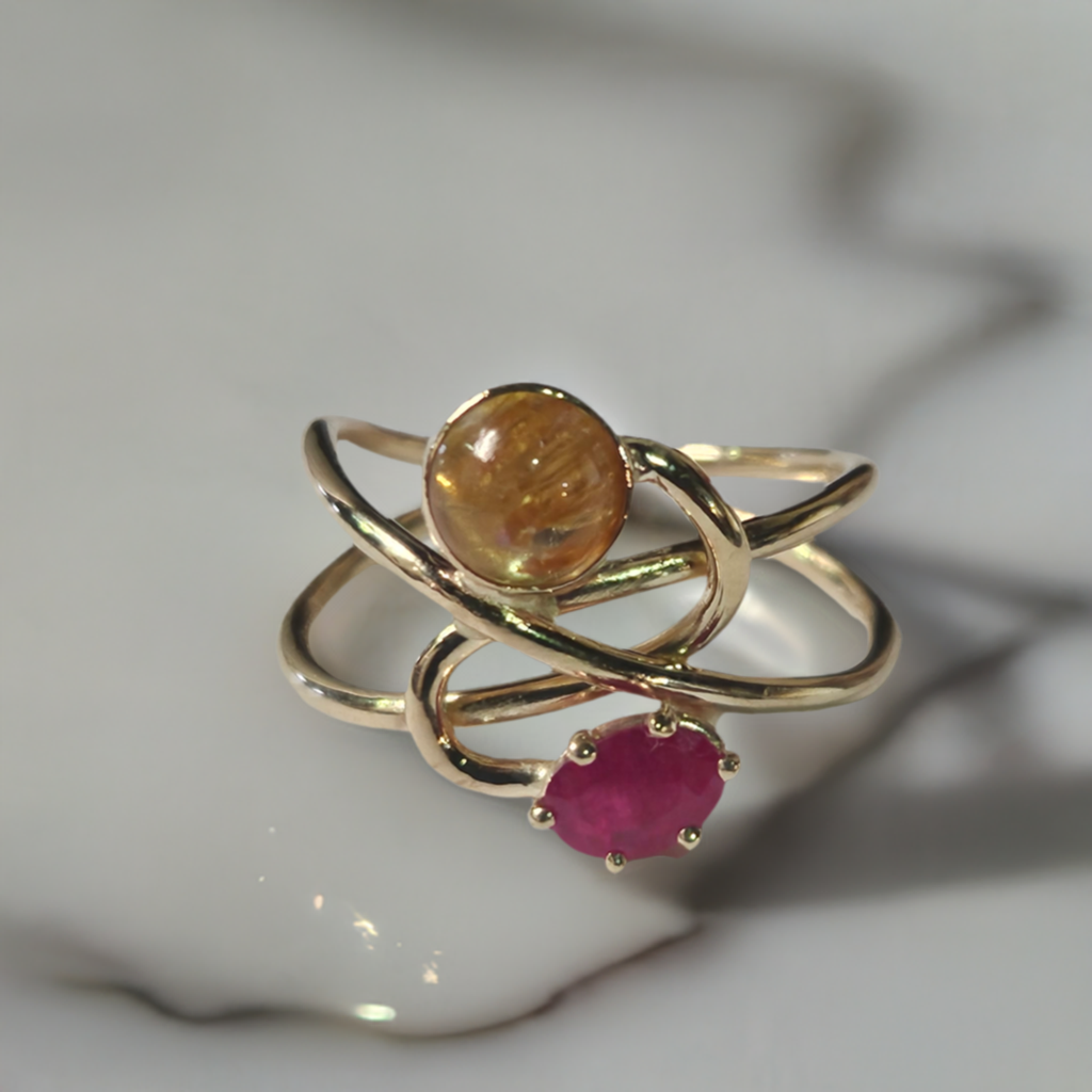 Handmade 14k Rutilated Quartz and Ruby Ring