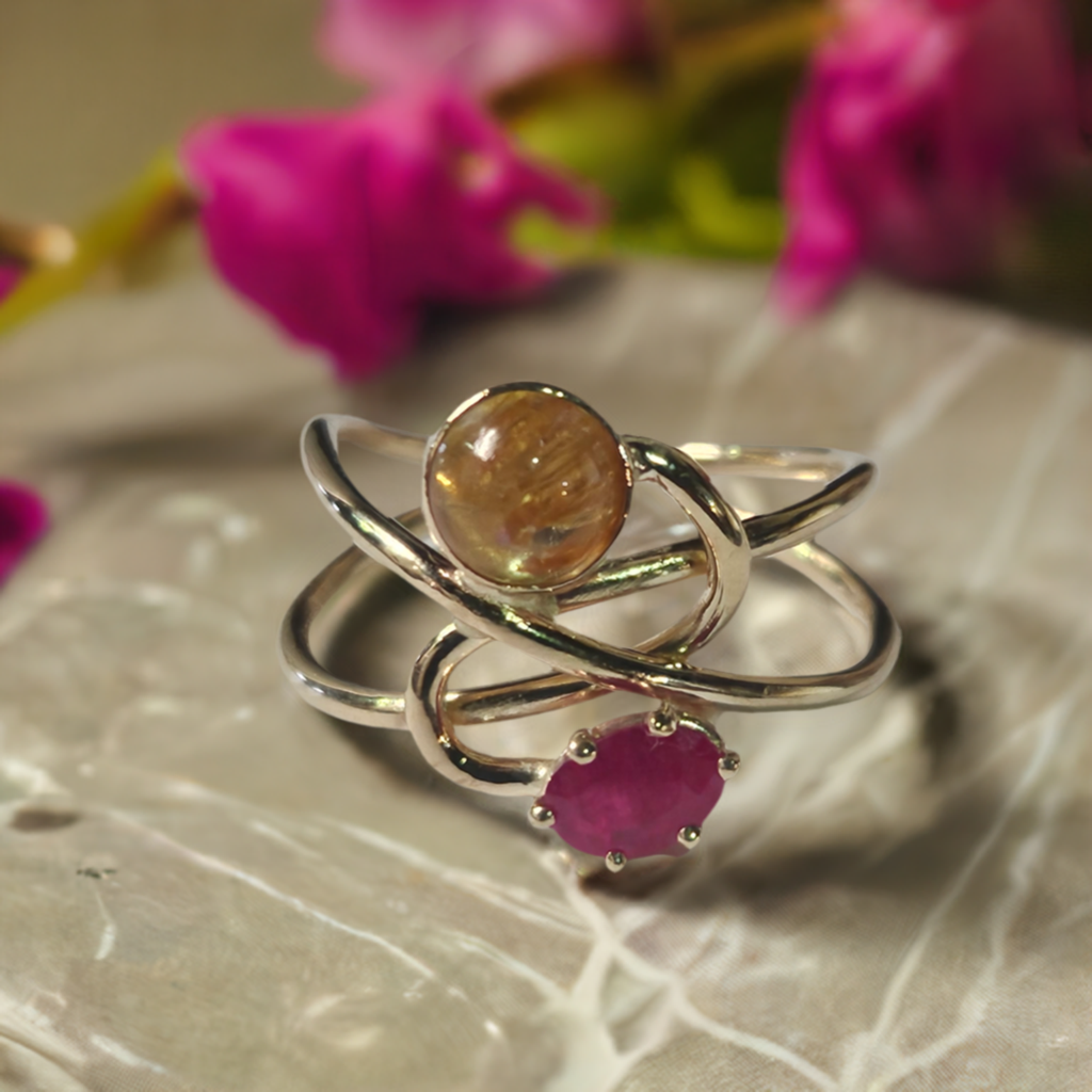 Handmade 14k Rutilated Quartz and Ruby Ring