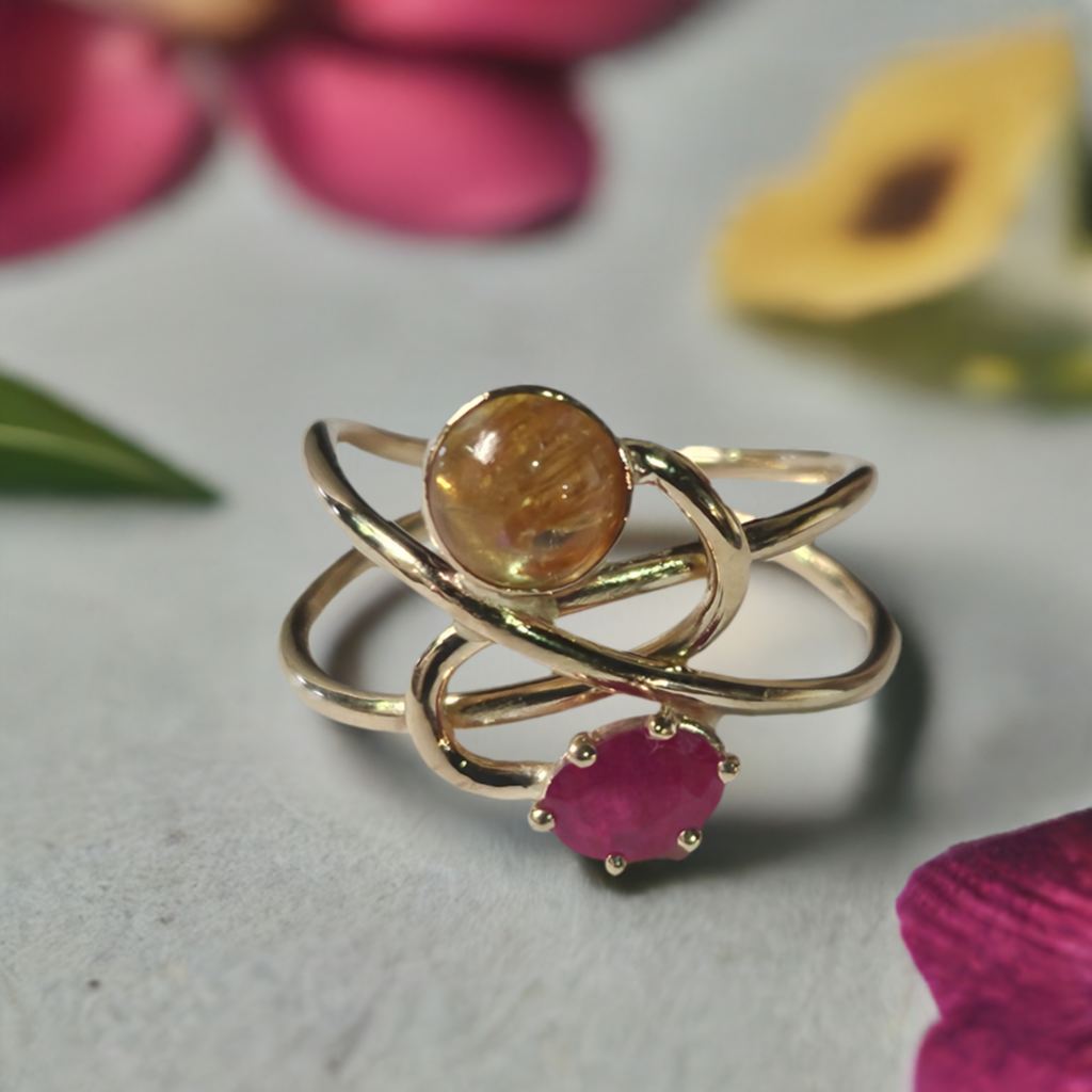 Handmade 14k Rutilated Quartz and Ruby Ring