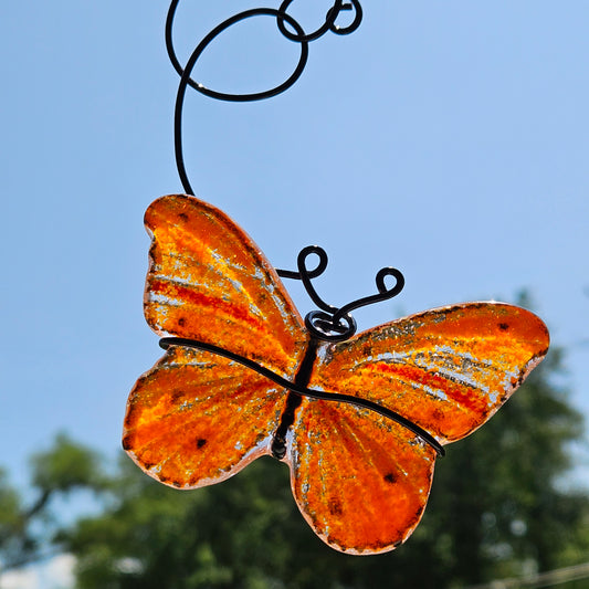 Handmade Fused Glass Orange Butterfly with Black Wire