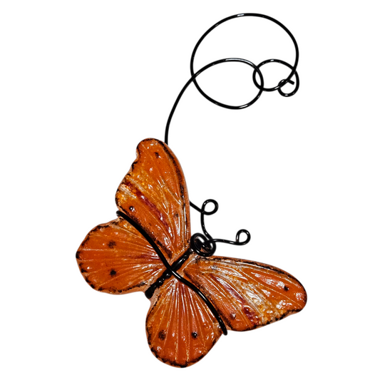 Handmade Fused Glass Orange Butterfly with Black Wire