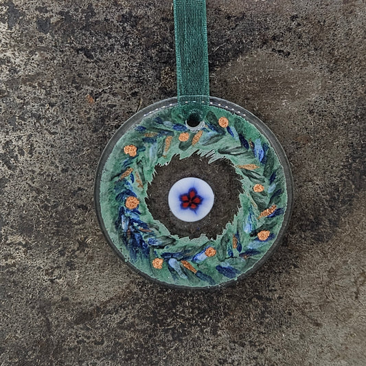 Hand Painted Fused Glass Wreath Ornament