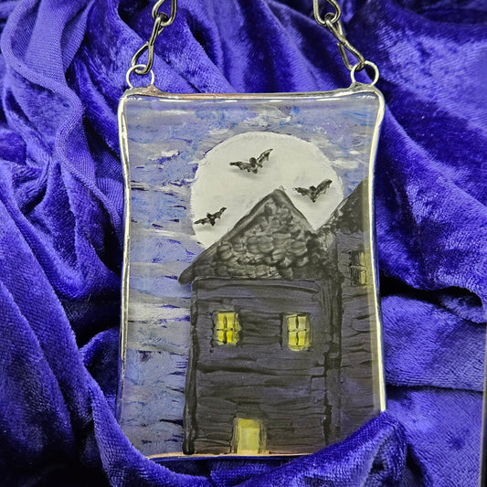 Hand Painted Fused Glass Haunted House Suncatcher