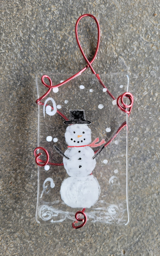 Fused Glass Snowman Long Ornament
