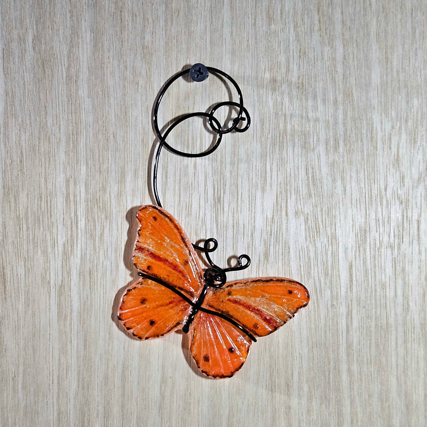 Handmade Fused Glass Orange Butterfly with Black Wire