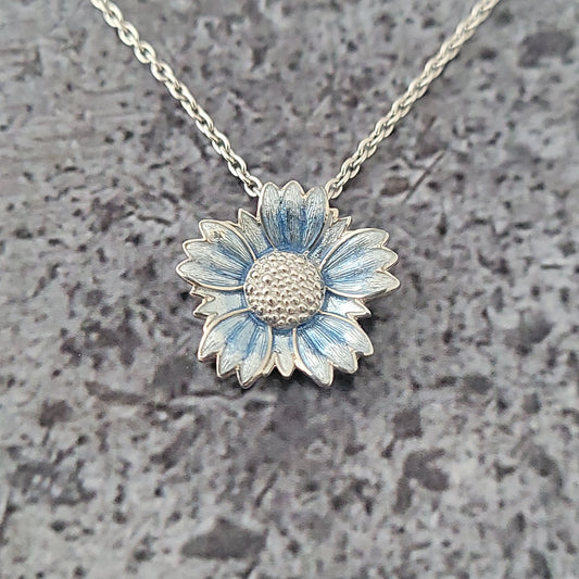 Silver Blue Enameled Flower Necklace