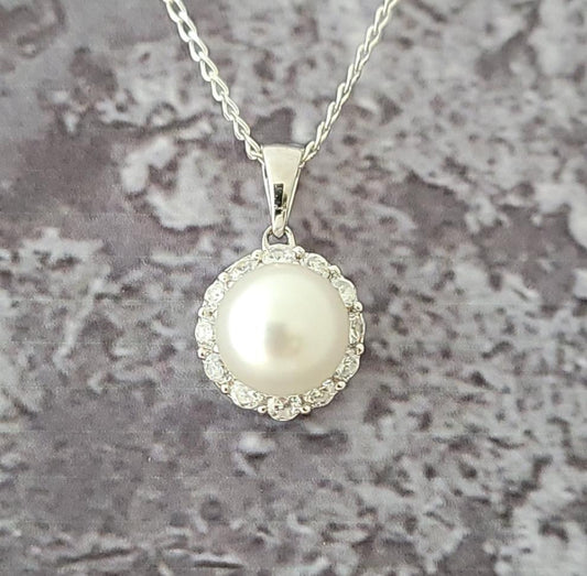 Sterling Silver Pearl and CZ Necklace