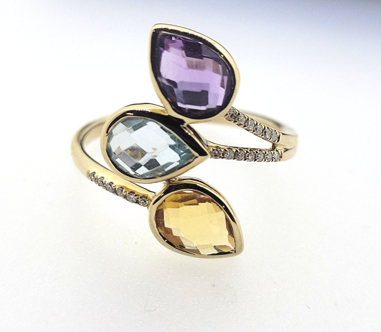 14K solid gold multi-stone ring with citrine, hot garnet, amethyst, peridot, & aqua