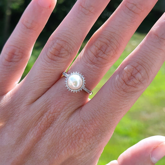 Pearl Ring with Diamond Halo and Sapphire Accents