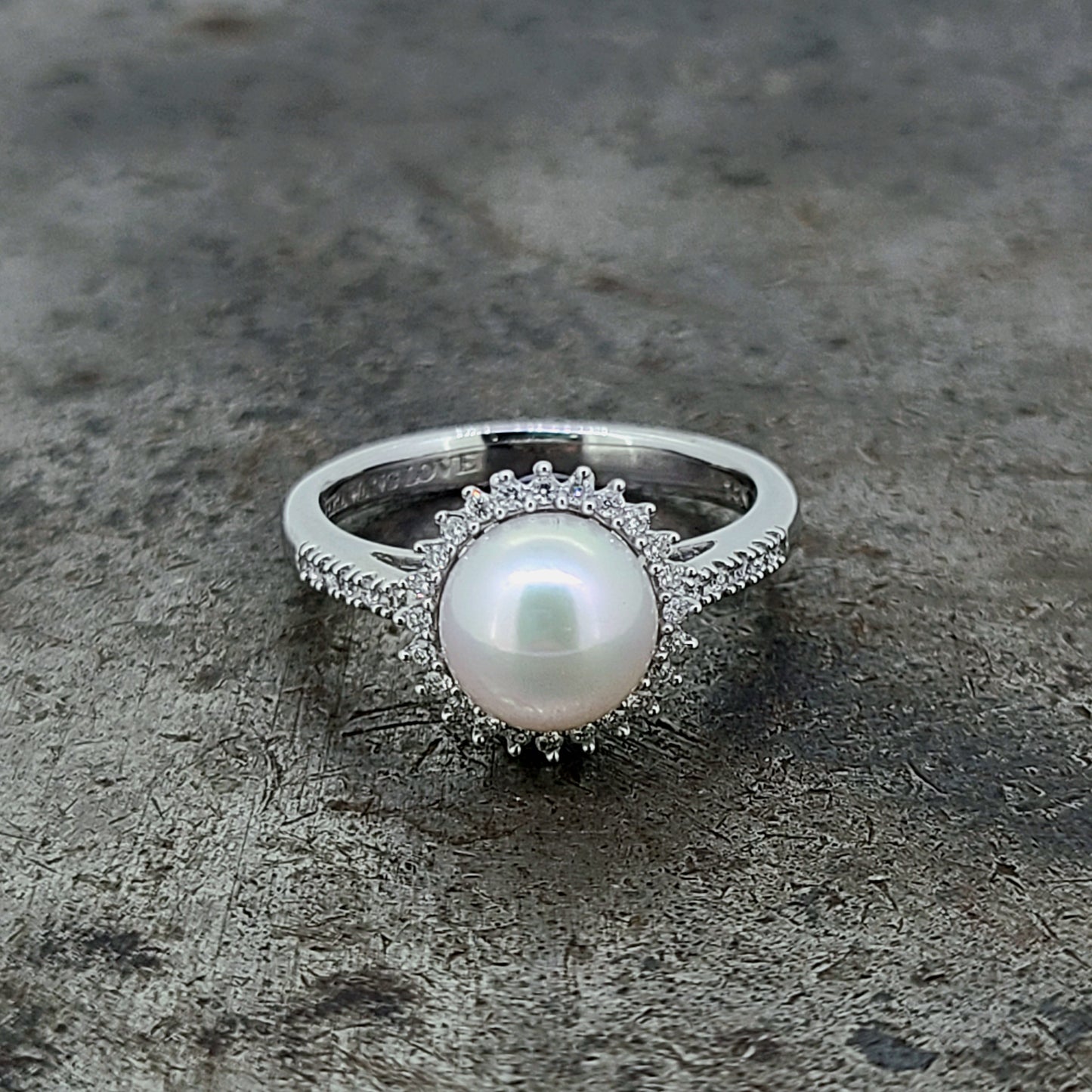 Pearl Ring with Diamond Halo and Sapphire Accents