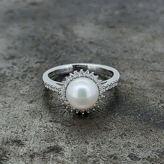 Pearl Ring with Diamond Halo and Sapphire Accents
