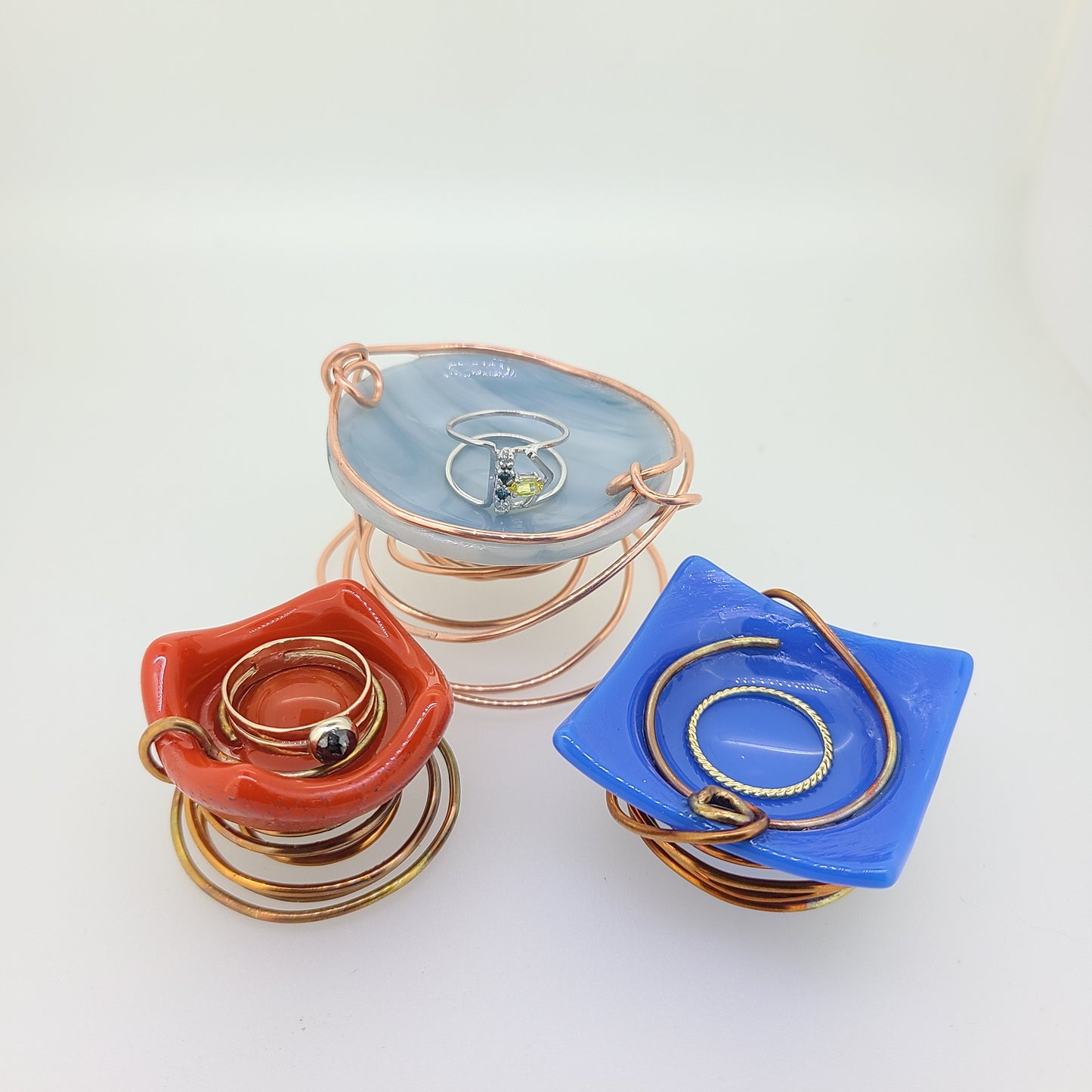 Small Blue Fused Glass Jewelry Dish with Copper Wire