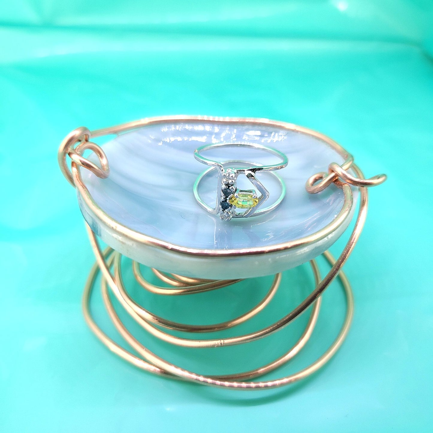 Large Light Blue Fused Glass Jewelry Dish with Copper Wire