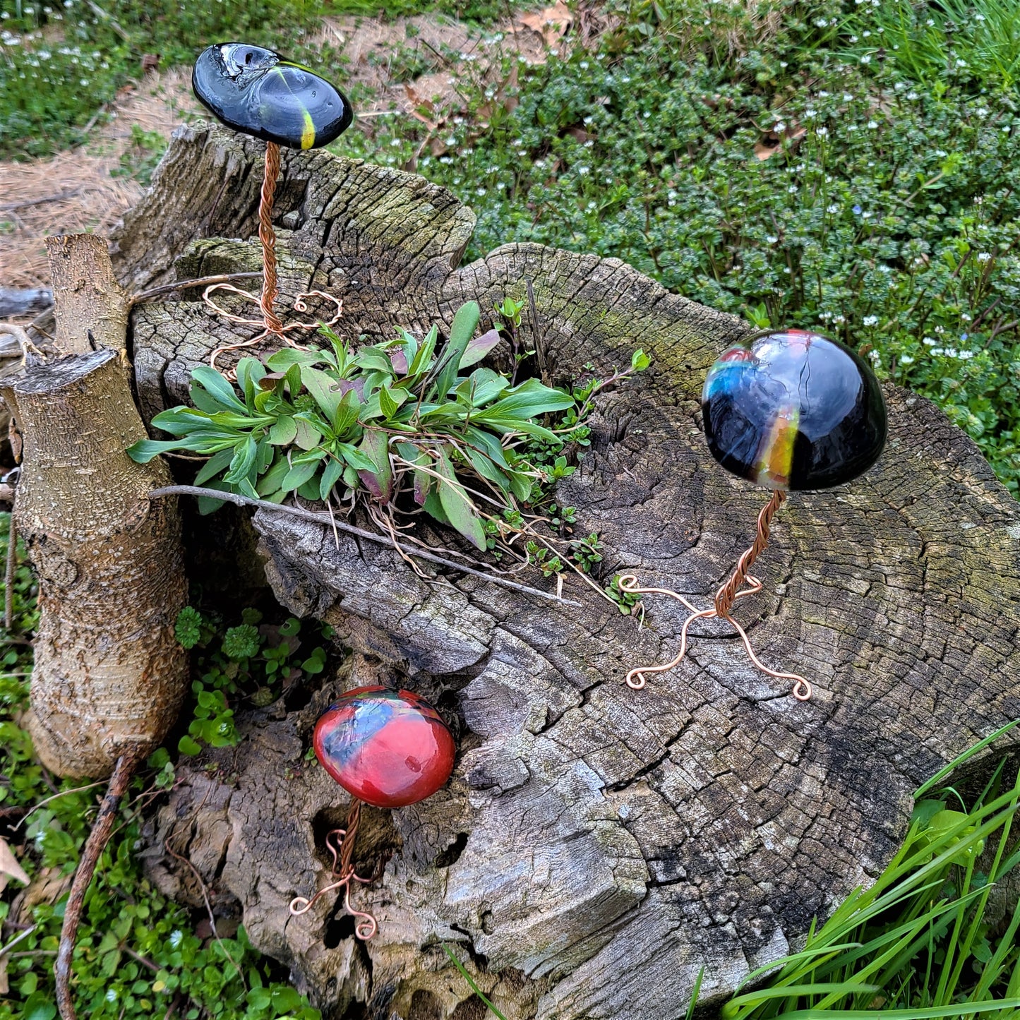 Fused Glass Mushrooms with Wire Wrap Stand
