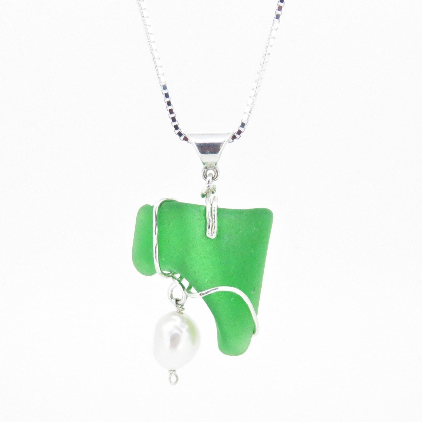 Green Seaglass Necklace with Pearl