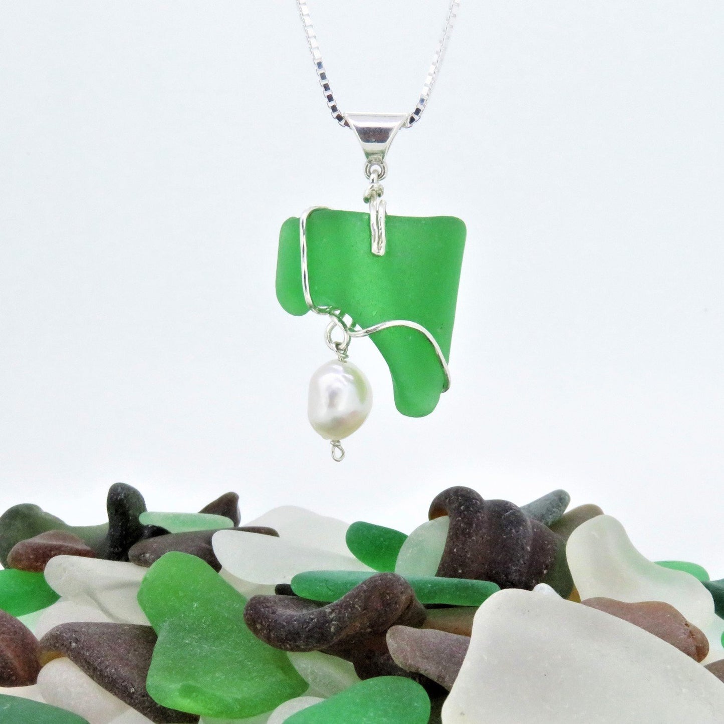 Green Seaglass Necklace with Pearl
