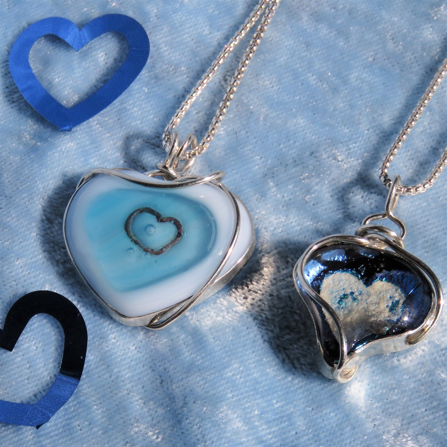 Fused Glass Light Blue and White Heart Necklace
